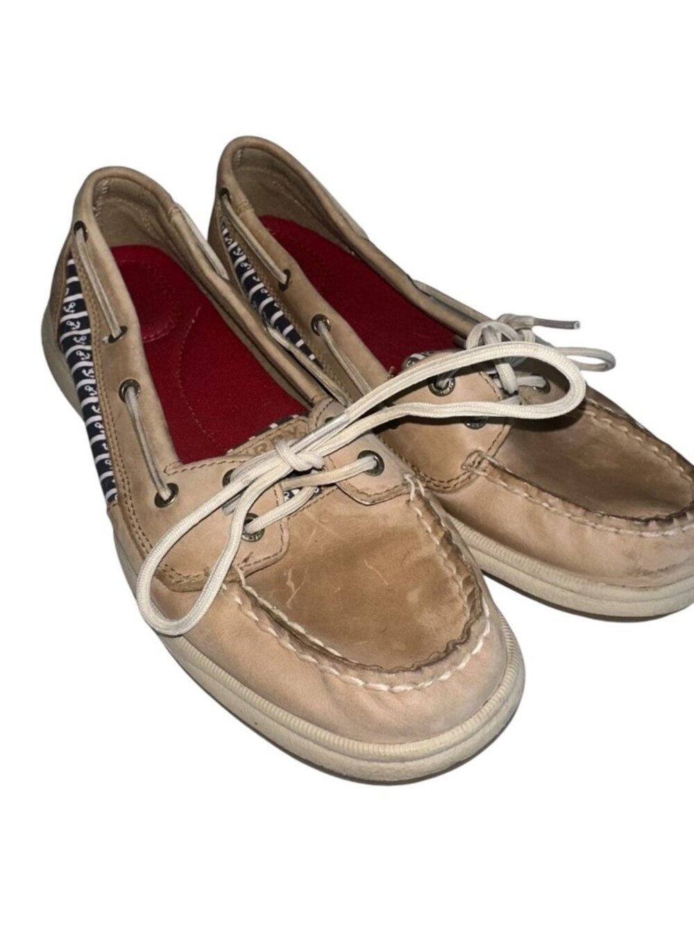 Sperry Top-Sider Laguna Tan Leather Navy Anchor Women Shoes Size 8 Preppy